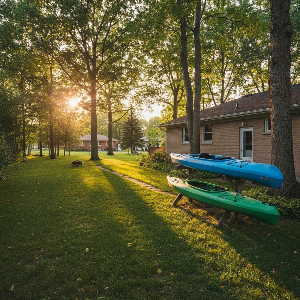 Spacious backyard with mature trees at a family home in Kemptville Ontario