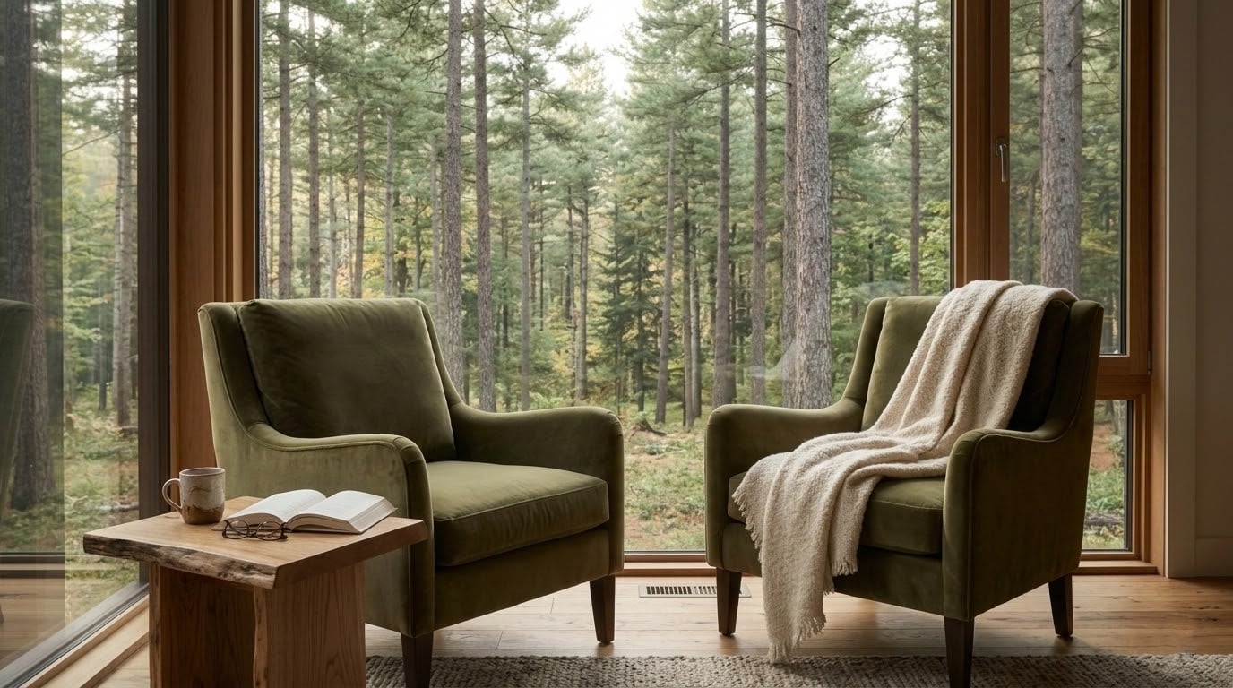 Quiet reading corner inside a luxury countryside home in Eastern Ontario
