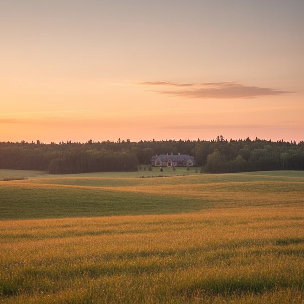 Sunset landscape surrounding a luxury countryside home in Eastern Ontario
