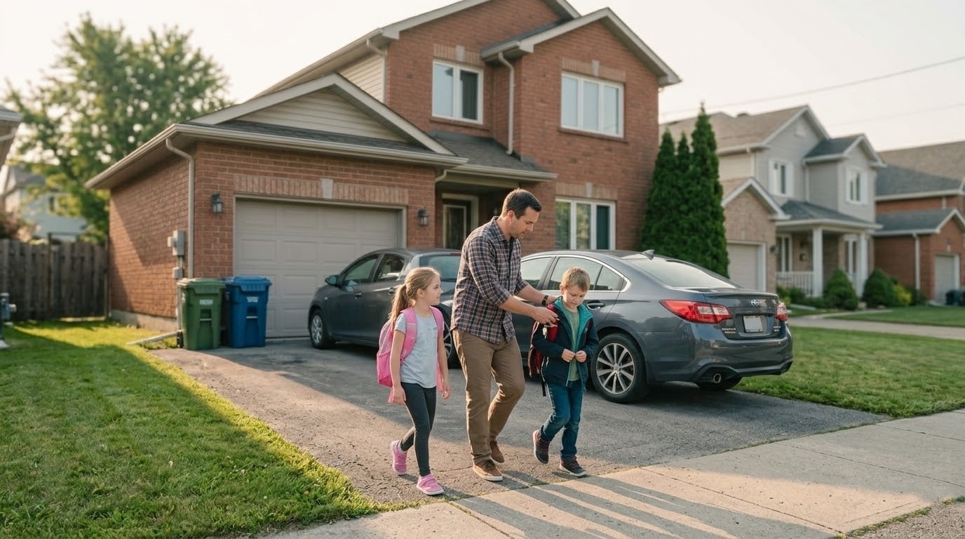 Familia caminando frente a casa