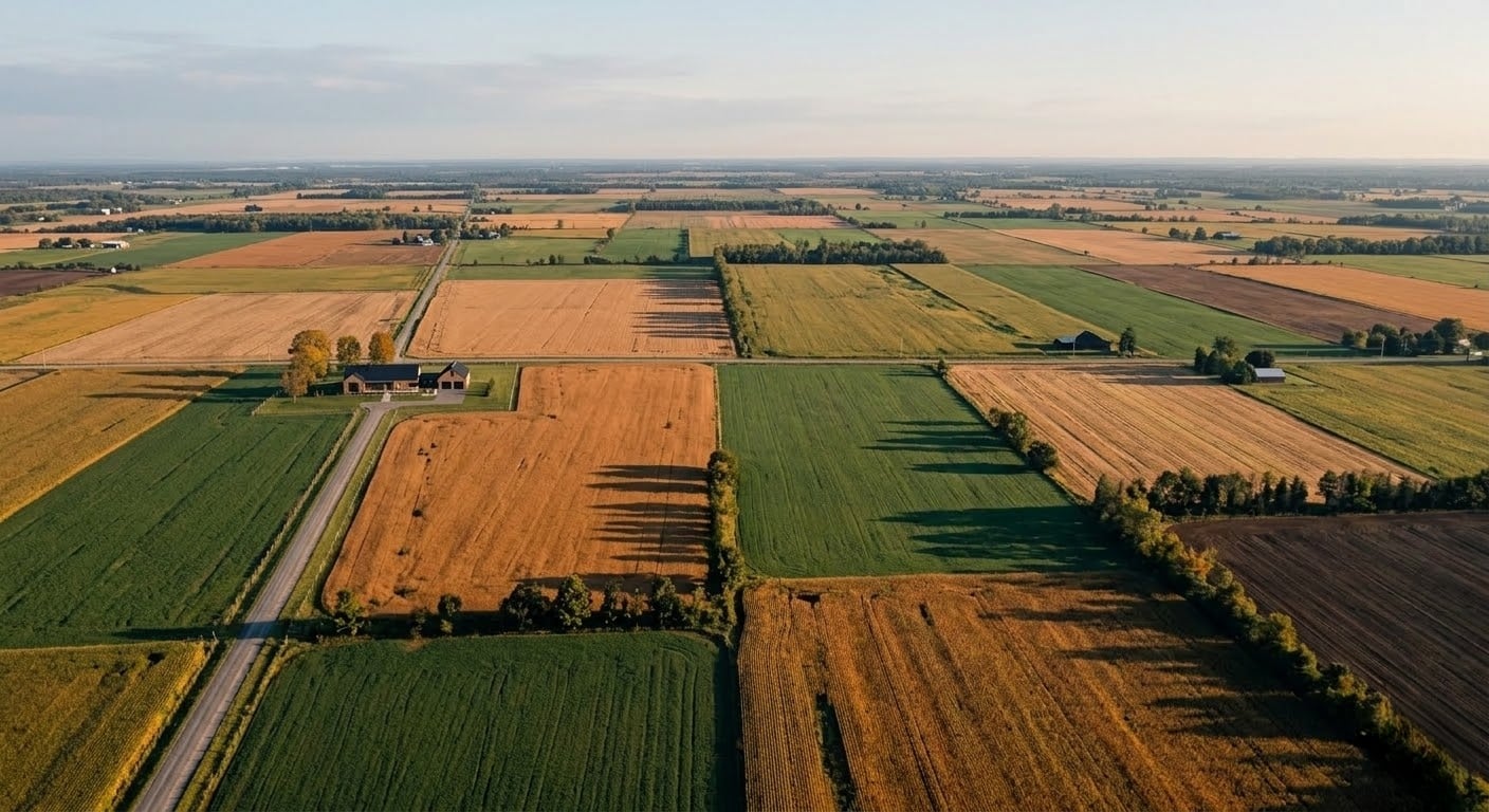 Aerial View of Agricultural Land and Acreage in Eastern Ontario