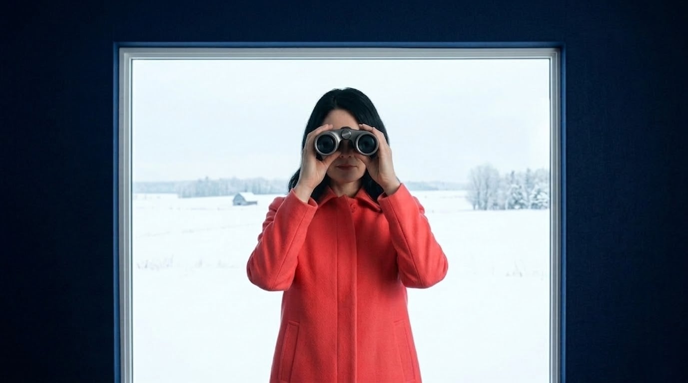woman-coral-coat-binoculars-eastern-ontario-winter-property-clarity-driscoll-peca
