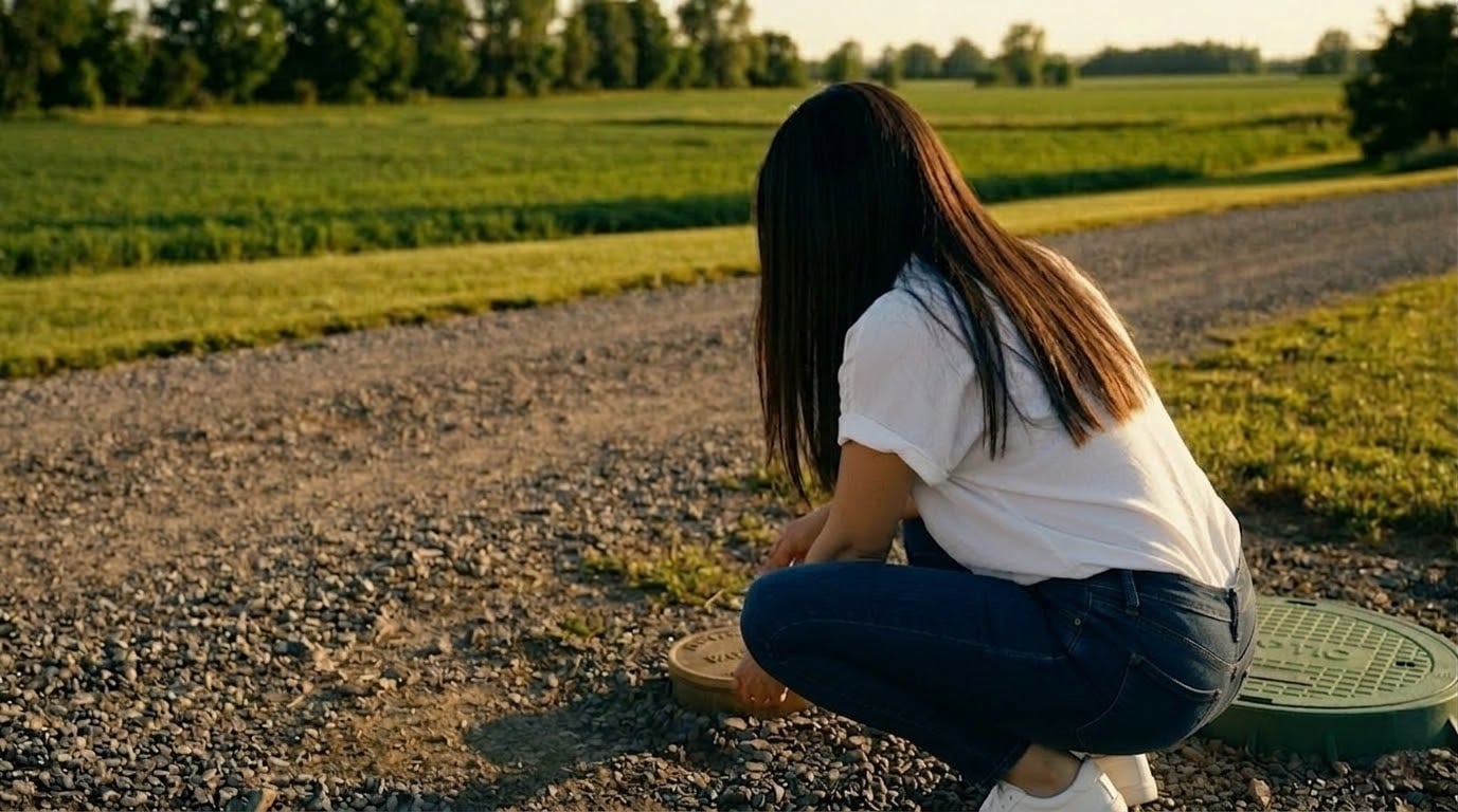 A woman with dark straight hair crouches on a gravel rural driveway beside a well access cover, green farmland stretching behind her in the golden afternoon light.