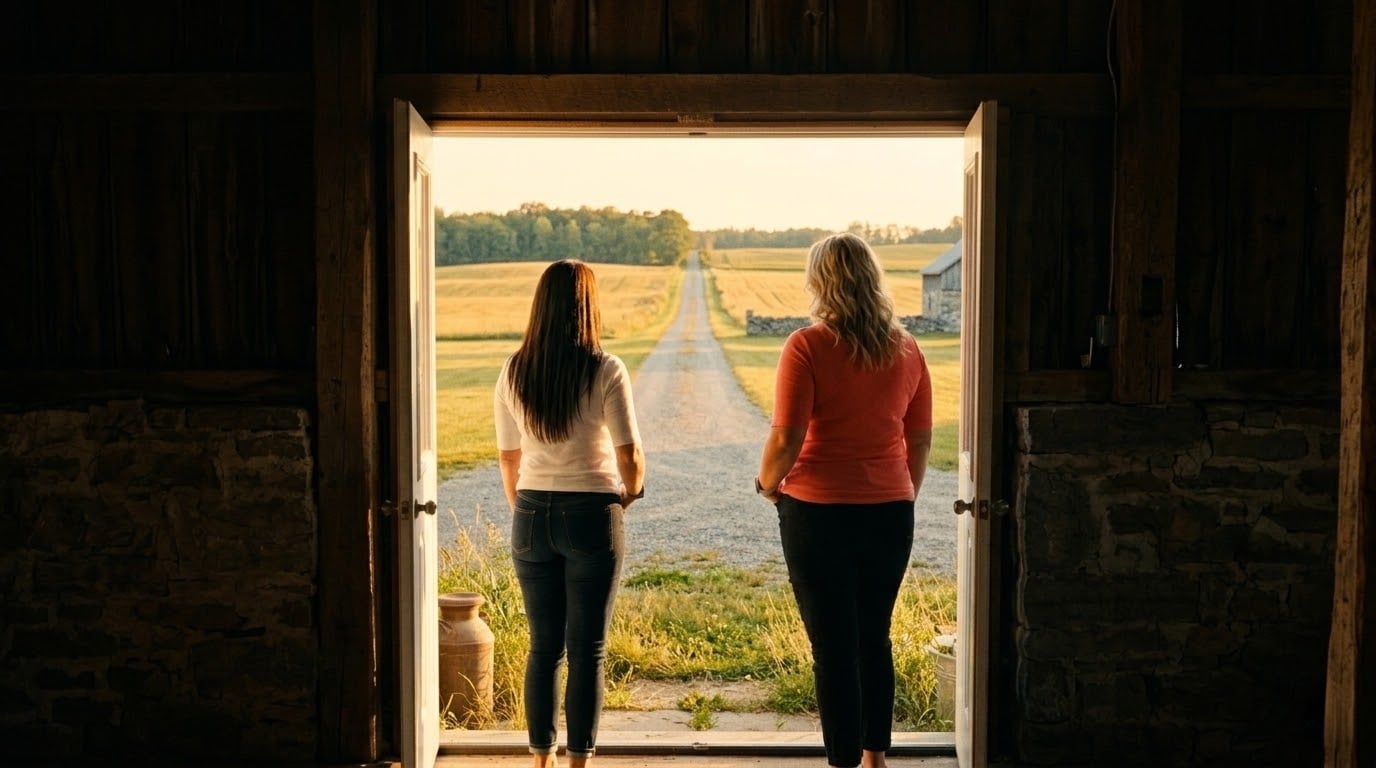 Two women stand in the open doorway of a stone barn looking out over a golden rural property in Eastern Ontario, a long gravel lane cutting through the fields ahead.