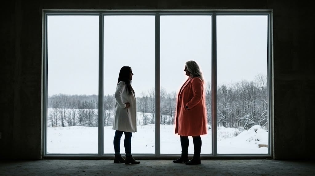 Two women stand as silhouettes against a floor-to-ceiling window in an unfinished rural property, a wide winter landscape of snow and bare trees visible beyond the glass.