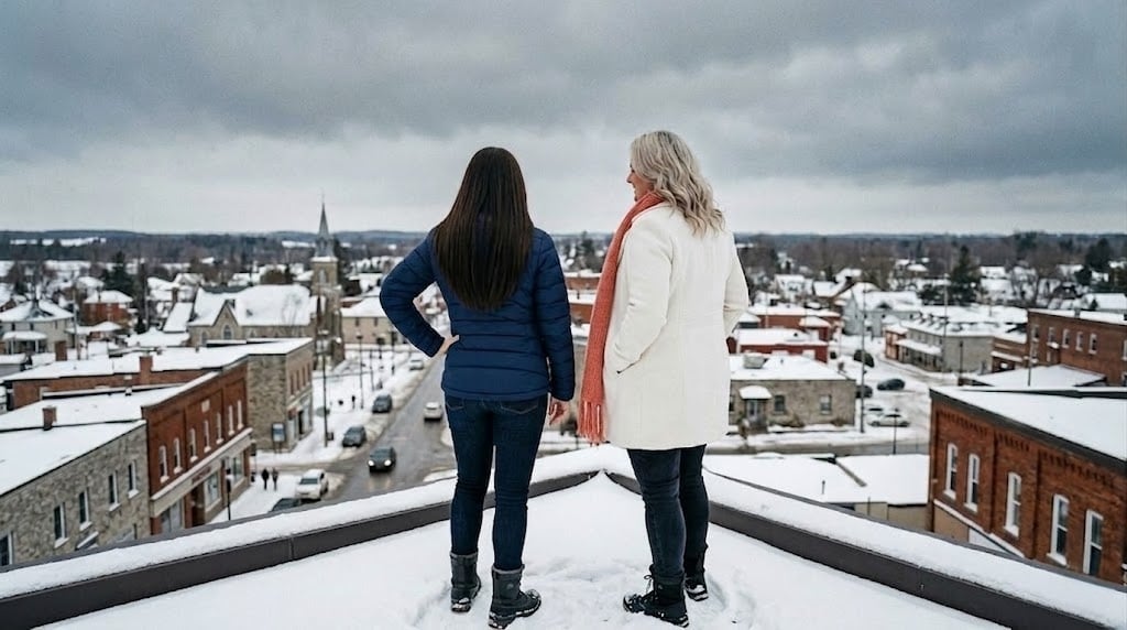 Two women stand on an elevated vantage point overlooking a snow-covered small town in Eastern Ontario, stone buildings and a church steeple visible below.