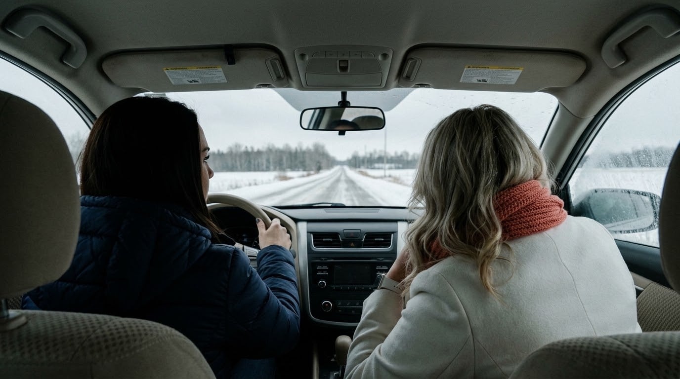 View from the back seat of a car as two women drive along a snow-covered rural highway in Eastern Ontario, bare trees lining both sides of the road.