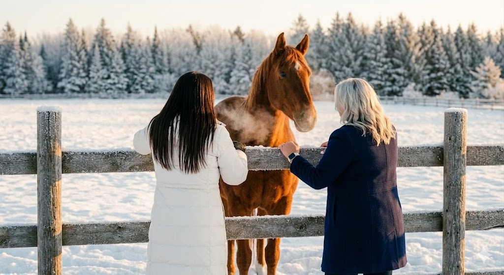 Two women stand at a frost-covered wooden fence beside a chestnut horse on a snowy Eastern Ontario morning, frosted pine trees stretching across the background.