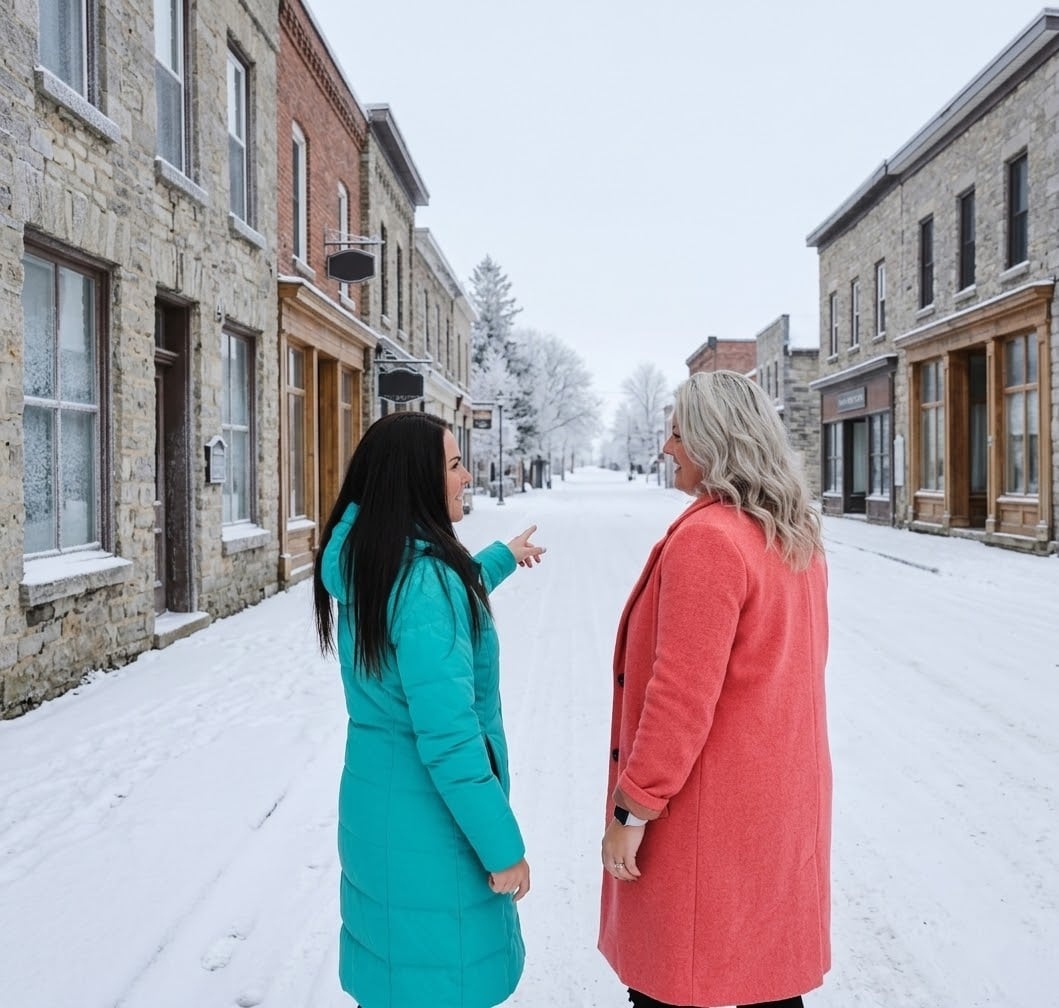 Two women stand on a snow-covered heritage main street in Eastern Ontario, stone and brick buildings lining both sides, one woman in a teal coat gesturing toward the town as they talk.