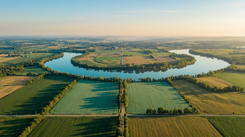 Aerial view of Eastern Ontario's patchwork farmland at golden hour, a wide river curving through green and gold fields, a small town silhouette visible in the distance.