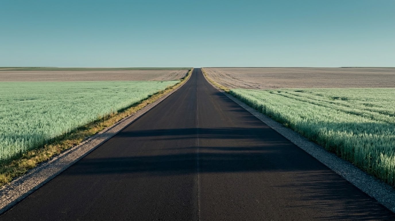 A freshly paved rural road cuts straight through mint-green Eastern Ontario farmland, vanishing toward the horizon under a clear teal sky.