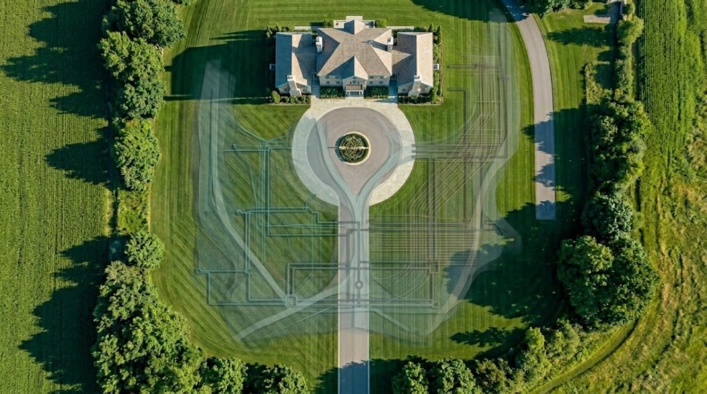 Aerial view of a luxury Eastern Ontario estate, its manicured grounds revealing translucent layers of municipal infrastructure beneath the surface, water lines, utility grids and planning networks visible as ghosted systems supporting the property above