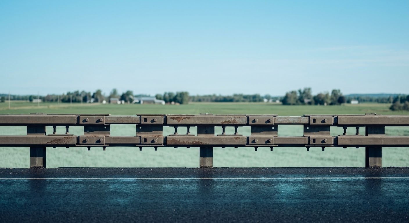 Steel bridge guardrail along quiet rural road near farmland in Eastern Ontario