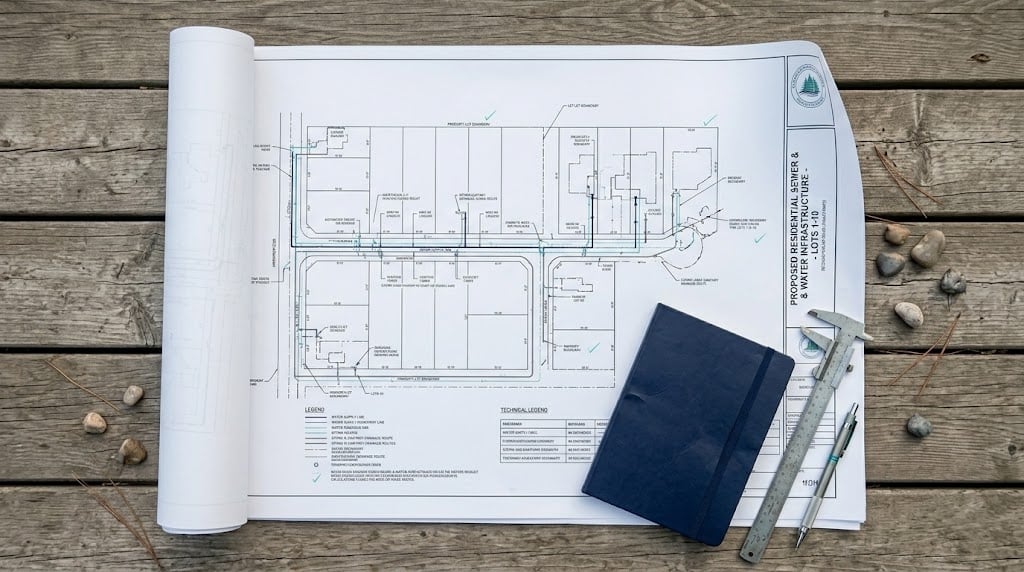 Top-down view of rural infrastructure blueprint and surveying tools on wooden surface in Eastern Ontario.