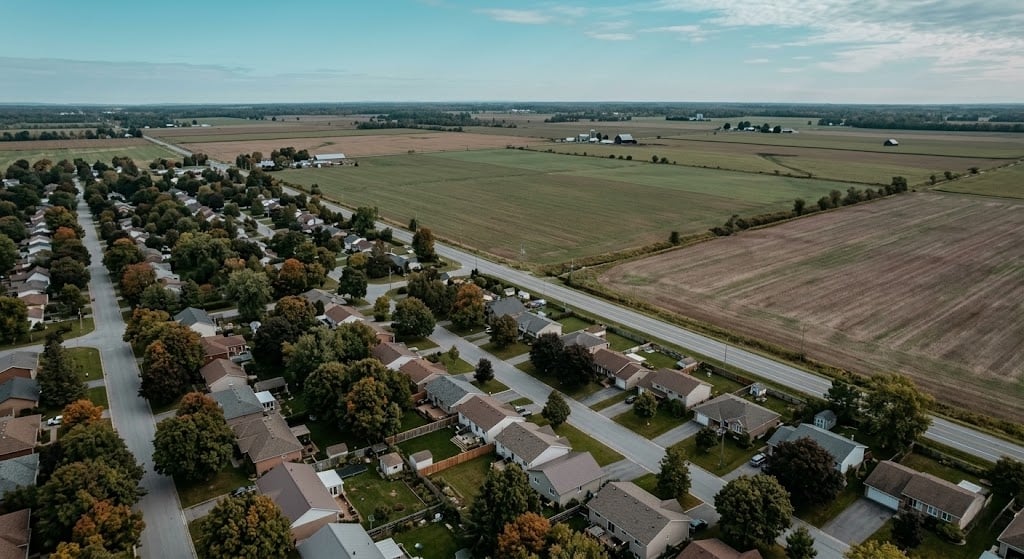 Aerial view of Eastern Ontario residential neighbourhood transitioning into farmland, illustrating municipal growth corridors and property value signals in North Grenville and Kemptville.