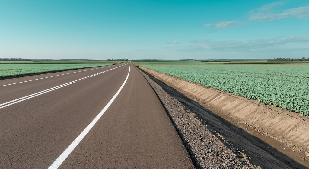 1 Freshly paved rural road through Eastern Ontario farmland, signaling municipal infrastructure investment and long-term property value growth in North Grenville and Kemptville.