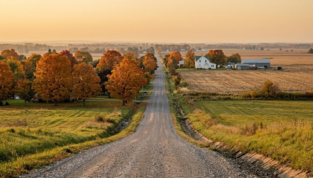 Gravel rural road leading toward a white Eastern Ontario farmhouse through autumn maple trees, reflecting limited housing inventory and sustained buyer demand in the region.