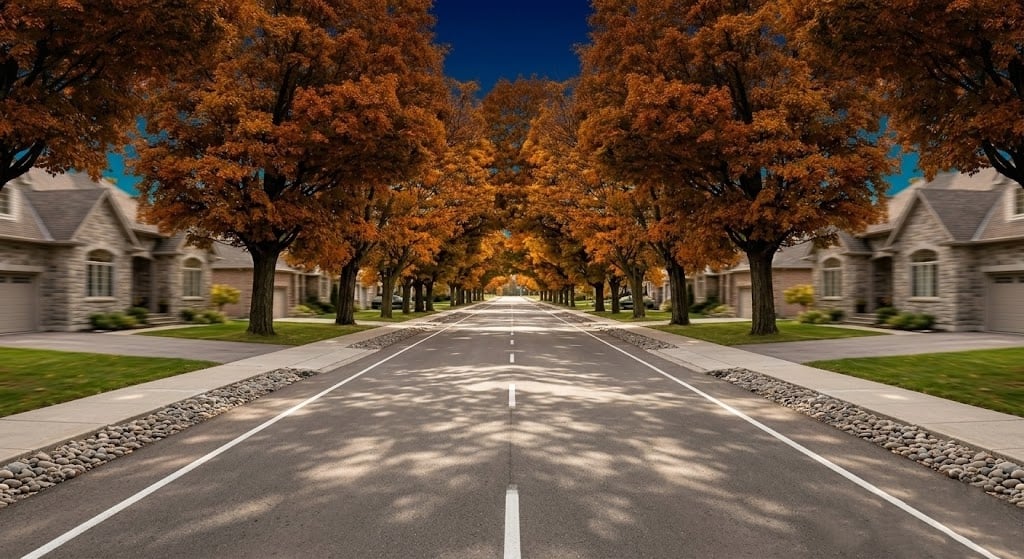 Tree-lined Eastern Ontario residential street in autumn, representing long-term direction and property value momentum for sellers in Kemptville and North Grenville.