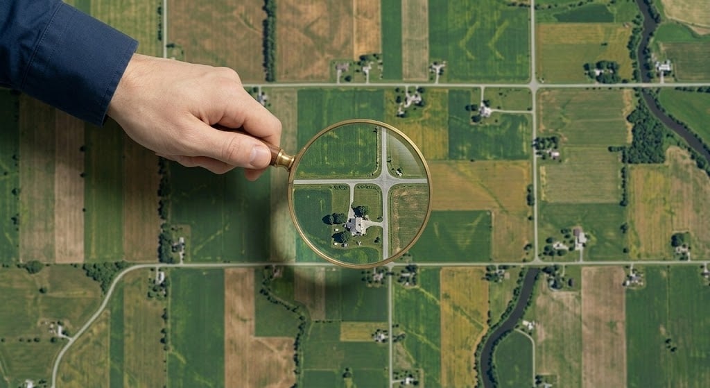 Aerial view with magnifying glass illustrating land analysis, zoning, and location impact on property value in Eastern Ontario