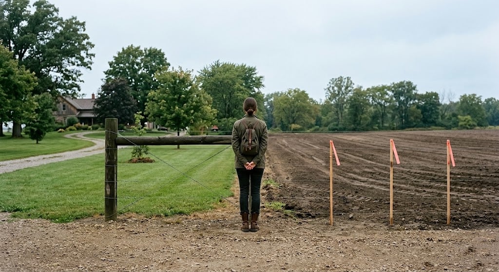 Buyer standing at the edge of rural land transitioning into new residential development