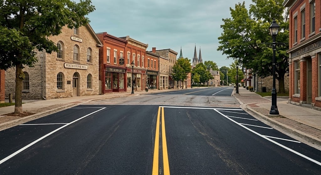 Newly paved street through historic downtown in Eastern Ontario showing infrastructure growth
