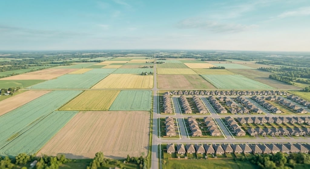 Aerial view of suburban expansion into rural farmland in Eastern Ontario communities