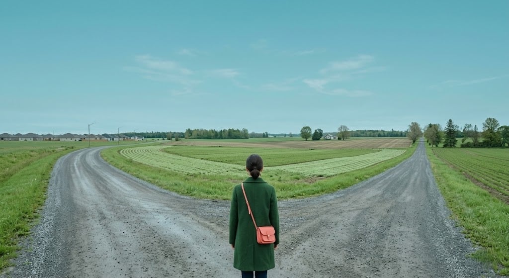 Woman at a rural road fork representing the lifestyle decision between Kemptville and suburban Ottawa markets like Kanata and Barrhaven.