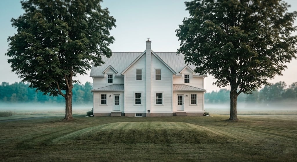 Rural Eastern Ontario farmhouse with raised leaching bed mound visible in the foreground, illustrating the underground septic infrastructure common in North Grenville and Lanark County rural properties.