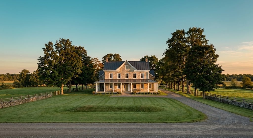 Limestone heritage farmhouse in Eastern Ontario with a raised septic mound visible in the lawn, illustrating how septic compliance affects rural property value in Almonte, Carp and Merrickville.