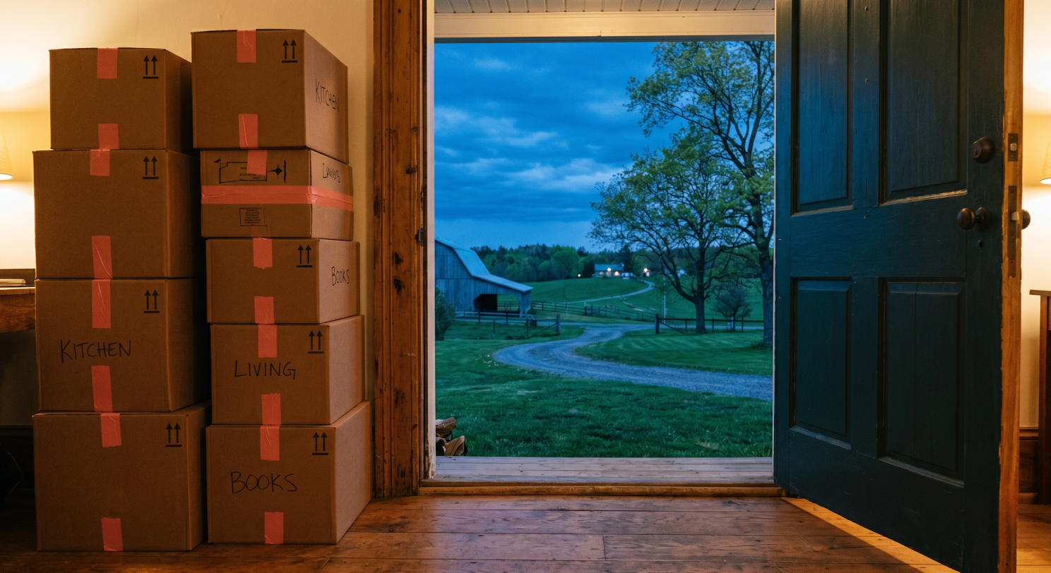 Moving boxes at the threshold of a rural Eastern Ontario home in spring 2026Moving boxes at the threshold of a rural Eastern Ontario home in spring 2026