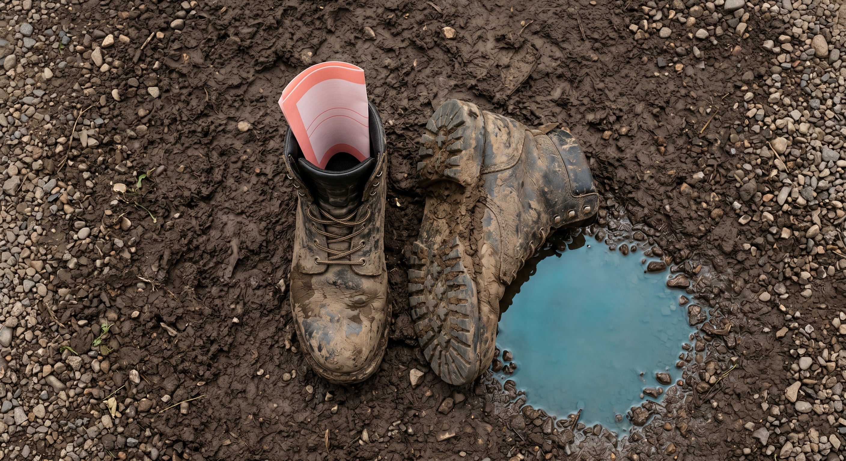 Rural property development plans and muddy work boots during site evaluation in Eastern Ontario.