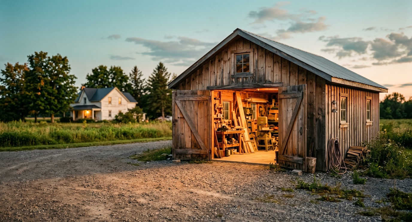 Detached workshop with open padlock on a rural Eastern Ontario property, representing the added value and lifestyle flexibility of existing outbuilding infrastructure for buyers in North Grenville, Lanark County and Perth.