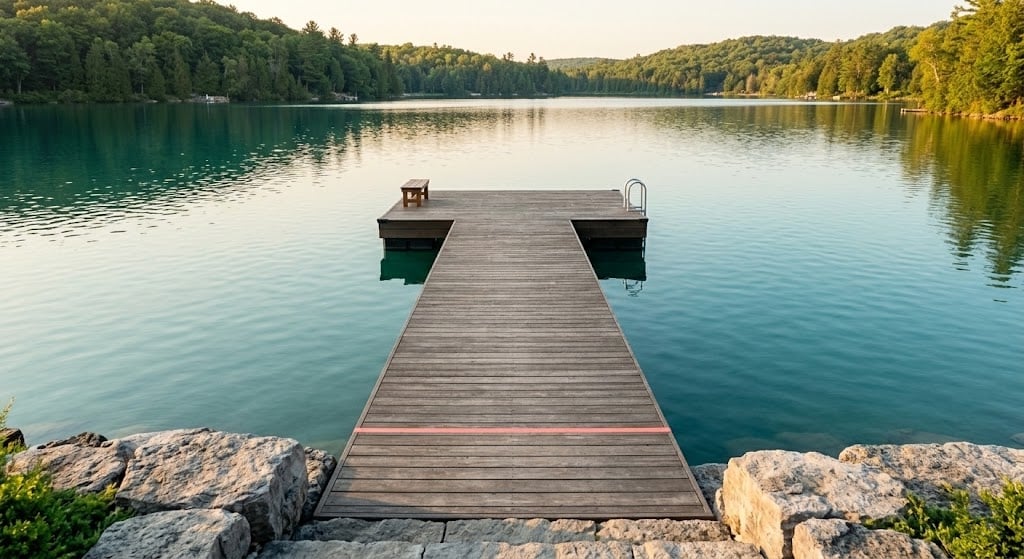 Private dock on Eastern Ontario waterfront showing the municipal Shoreline Road Allowance boundary, illustrating ownership limits and building restrictions for waterfront properties in Lanark County and North Grenville.