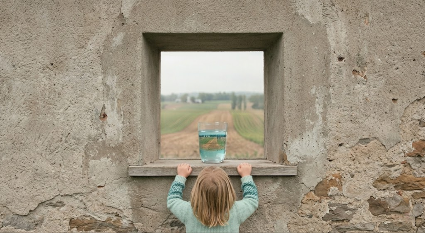 Driscoll-Peca child peeking at rural landscape through water