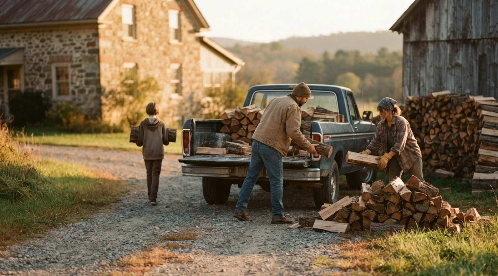 eastern-ontario-family-unloading-firewood-driveway