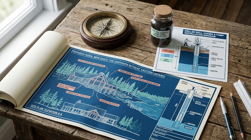 Architectural blueprint for a rural new build with soil sample and well diagram on a wooden table