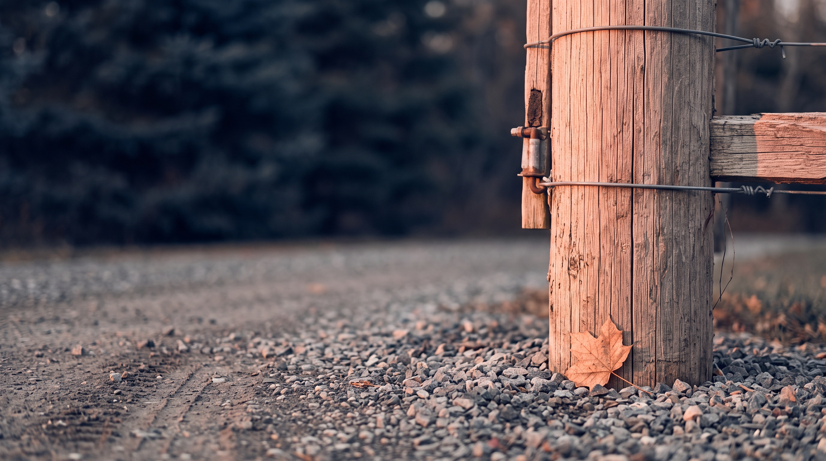 Cedar fence post and gravel driveway detail on a rural property in North Grenville Eastern Ontario