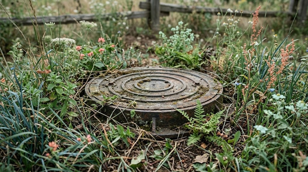 Close-up of a septic tank access lid partially hidden by grass.Close-up of a septic tank access lid partially hidden by grass