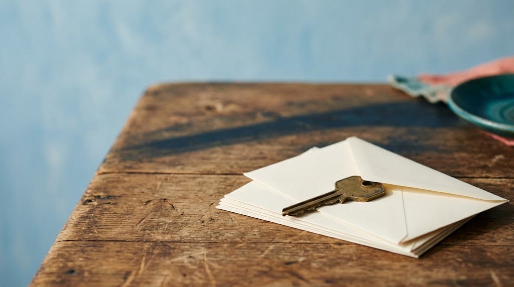 Brass house key resting on sealed envelopes on a farmhouse table, representing offers when selling a home in Eastern Ontario