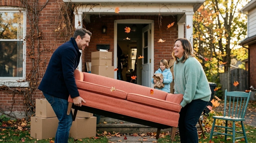 Couple moving a sofa into a brick house in Ottawa, illustrating the September 2026 Ottawa home market and inventory