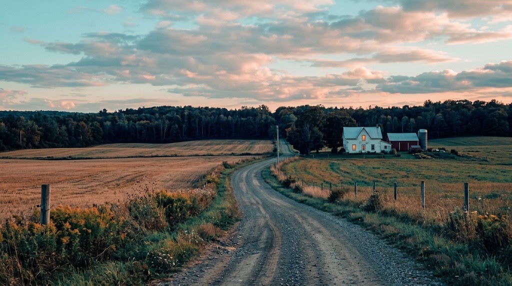 Gravel township road in rural Eastern Ontario at late afternoon, with open fields, a distant detached farmhouse and a second tree line