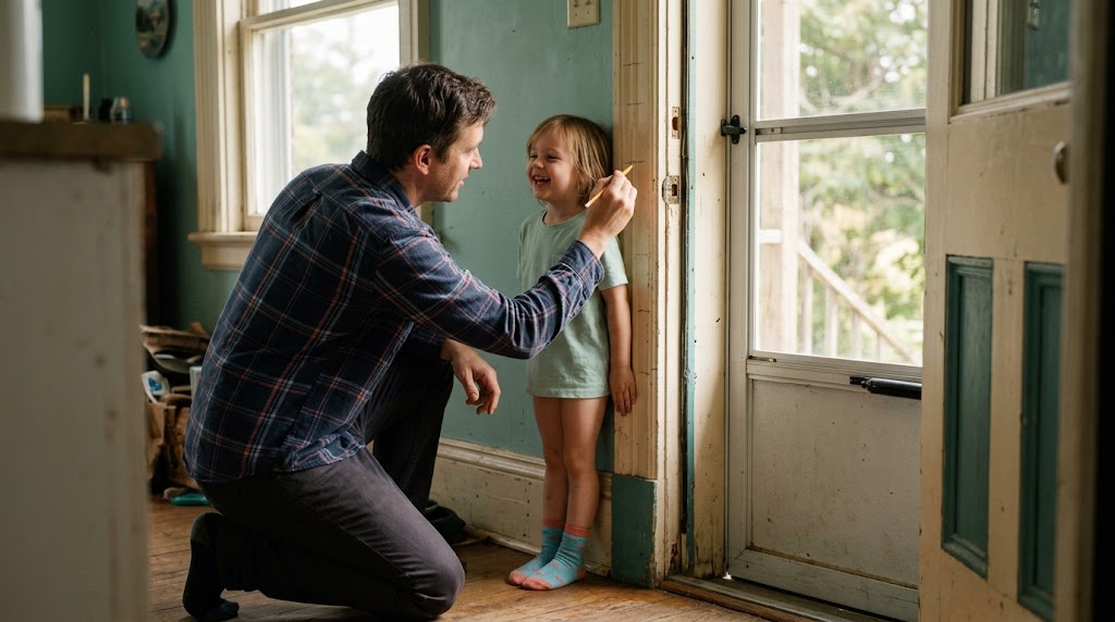 Parent measuring a child's height on a farmhouse door frame, representing the Eastern Ontario housing market and rates