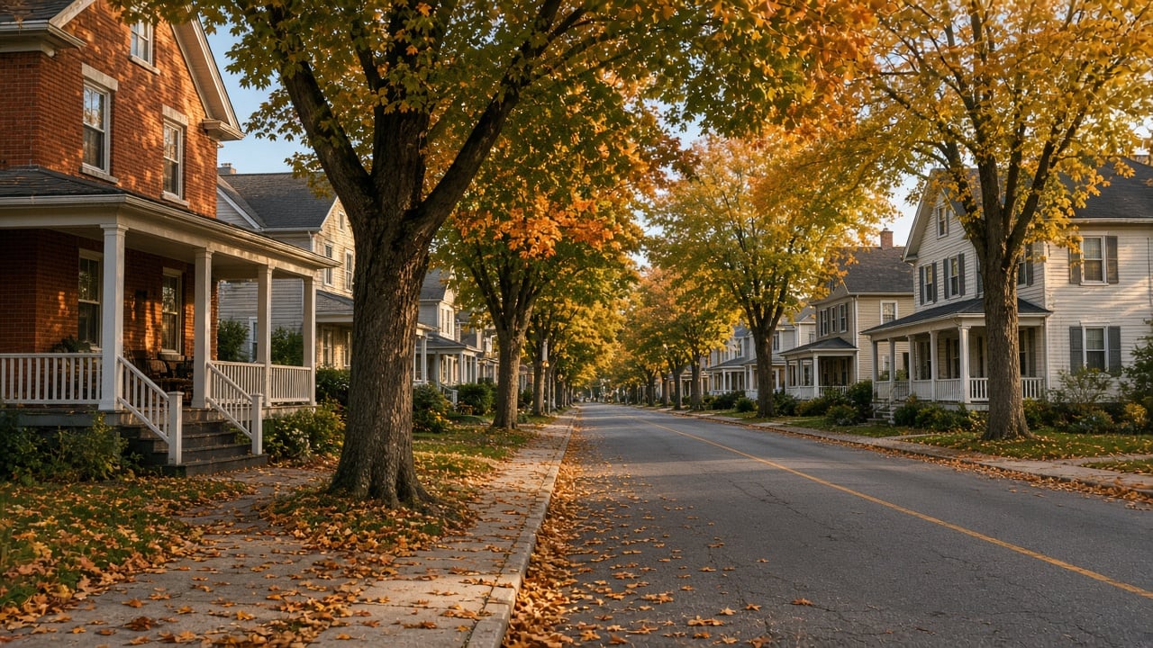 Tree-lined street of older brick homes under autumn maples in Kemptville, Ontario