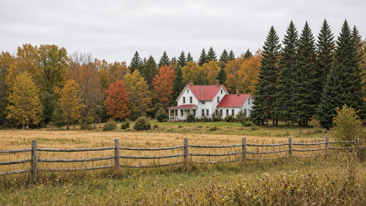 Rural farmhouse on acreage in North Grenville, Ontario in autumn