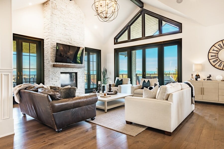 Living room interior beamed ceilings fireplace