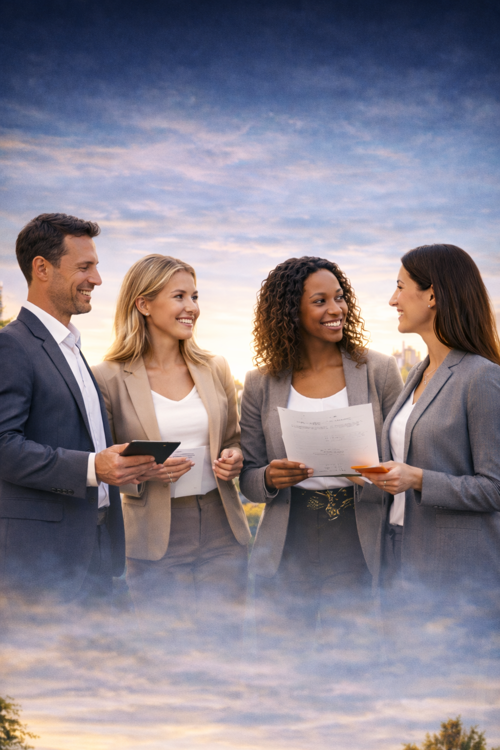Real estate agents networking at twilight