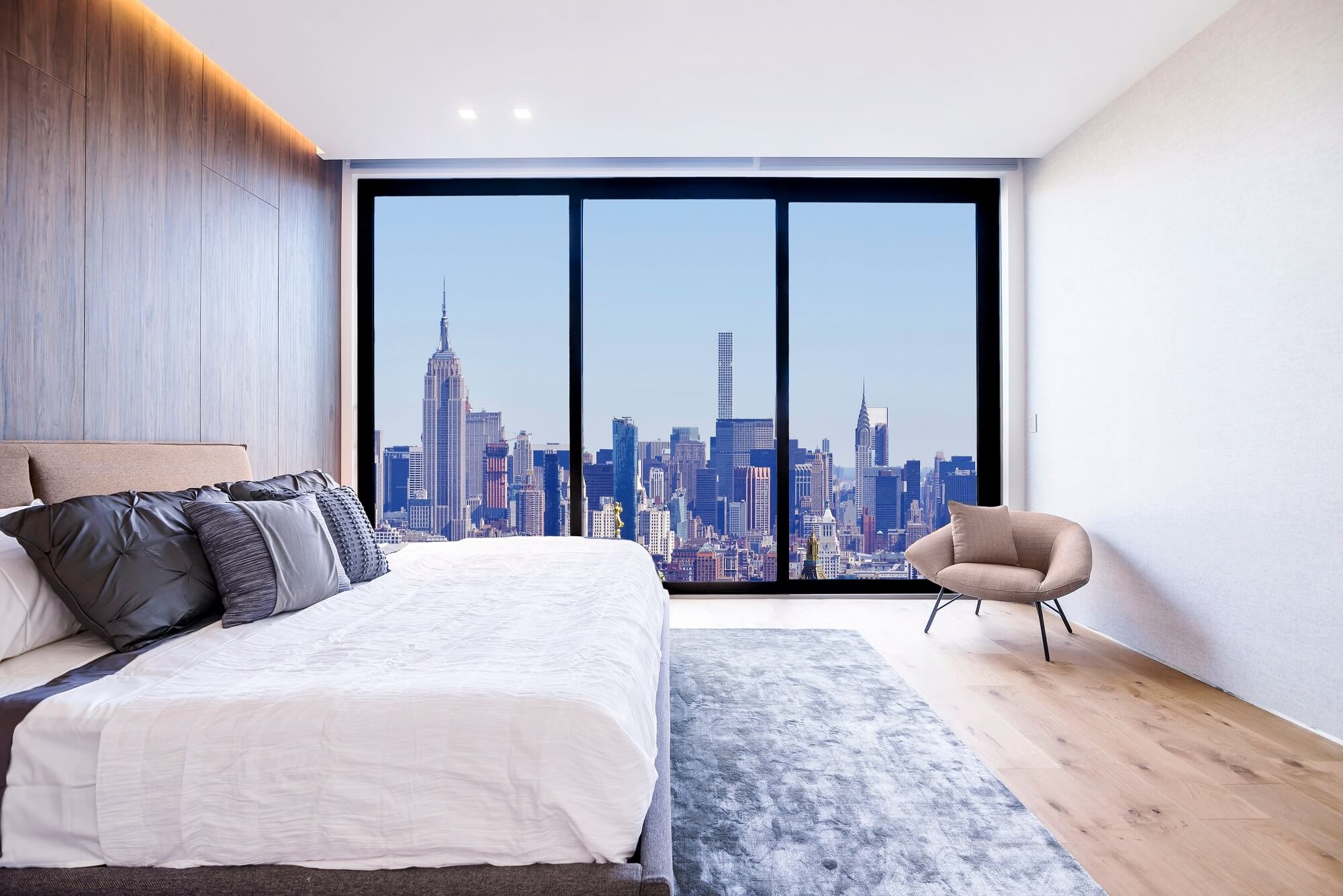 Modern and luxurious bedroom of minimalist interior design
