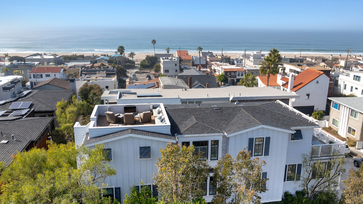 Aerial view of Hermosa Beach homes with ocean views in the South Bay of Los Angeles