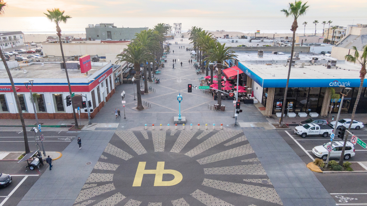 Aerial view of Hermosa Beach Pier Plaza and downtown Hermosa Beach, illustrating the heart of the city's beach lifestyle and walkable neighborhoods.