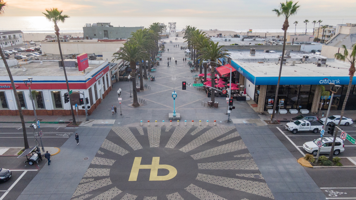 Aerial view of Hermosa Beach Pier Plaza and downtown Hermosa Beach, illustrating the heart of the city's beach lifestyle and walkable neighborhoods.